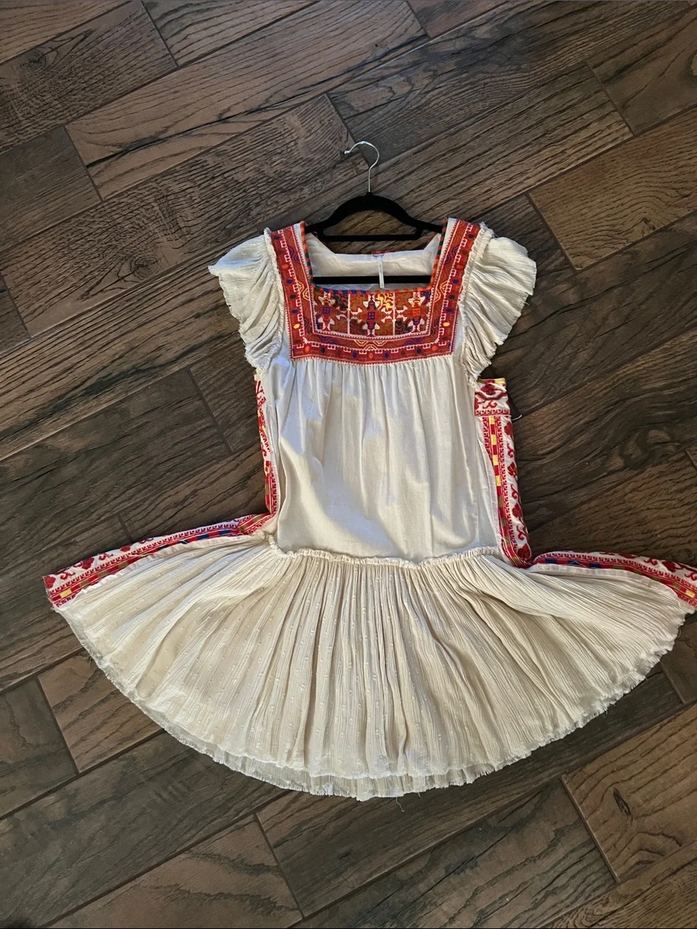 Free People Cream Mini Dress with Red Embroidered Yoke